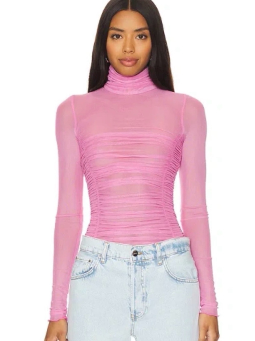 Free People Under It All Sheer Ruched Candy Pink Bodysuit M Turtleneck Festival
